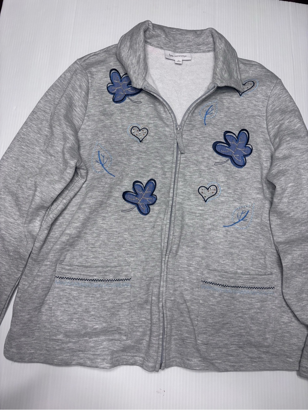 breckenridge Gray Zip-Up Sweatshirt with Blue Floral Appliqués